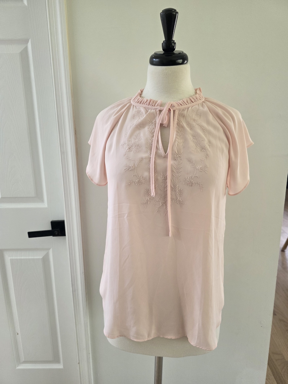 LOFT Light Pink Tie-Neck Embroidered Blouse